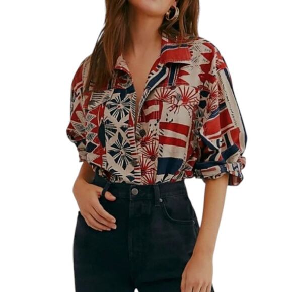 Free People Golden Nile Shirt Jacket SIZE L Aztec Print Multicolor Crop Shacket - Picture 1 of 15